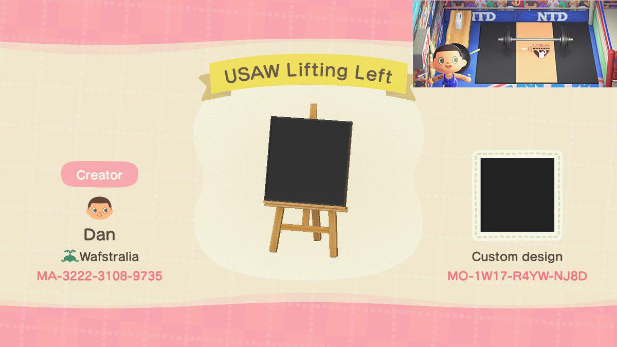 Animal Crossing Design Code: MO-1W17-R4YW-NJ8D USAW Lifting Left