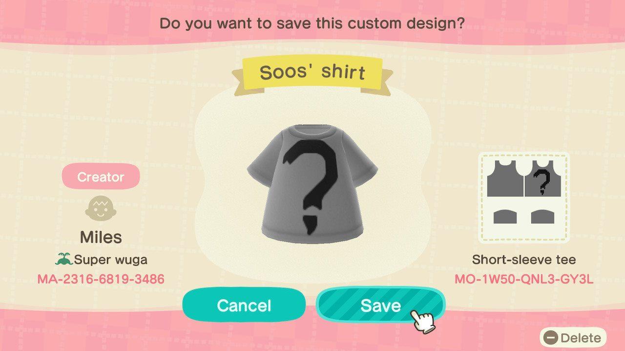 Animal Crossing Design Code: MO-1W50-QNL3-GY3L Soos' Shirt