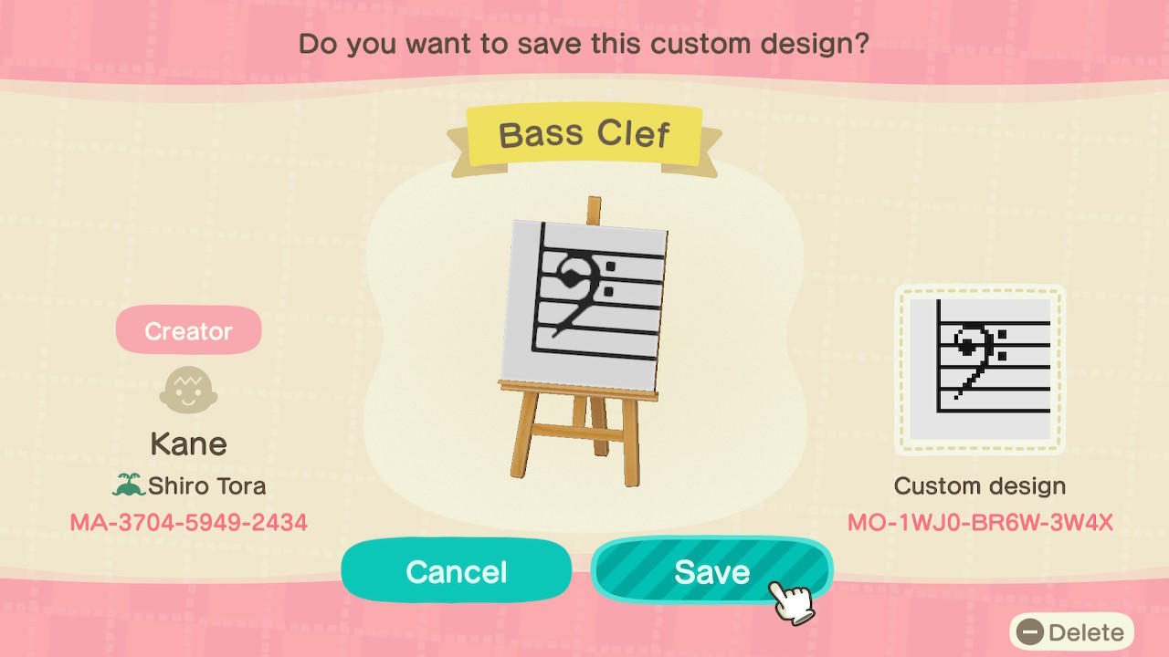 Animal Crossing Design Code: MO-1WJ0-BR6W-3W4X Bass Clef