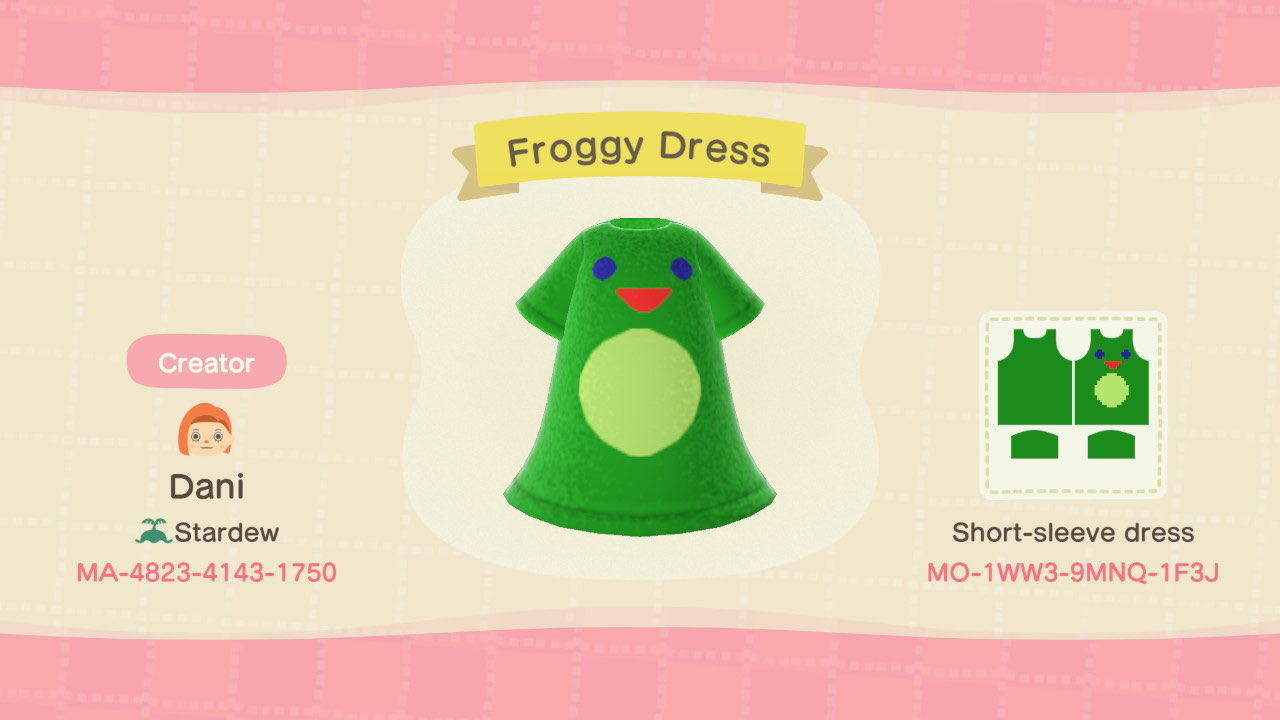 Animal Crossing Design Code: MO-1WW3-9MNQ-1F3J Froggy Dress