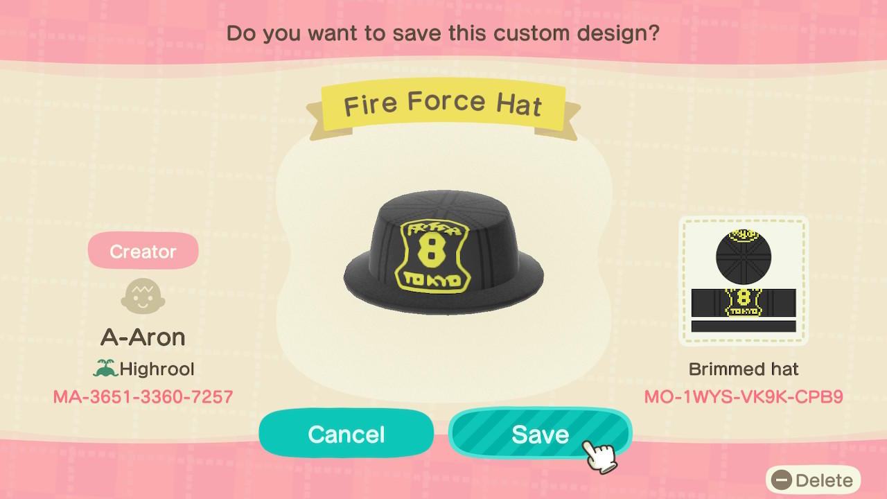 Animal Crossing Design Code: MO-1WYS-VK9K-CPB9 Fire Force Hat
