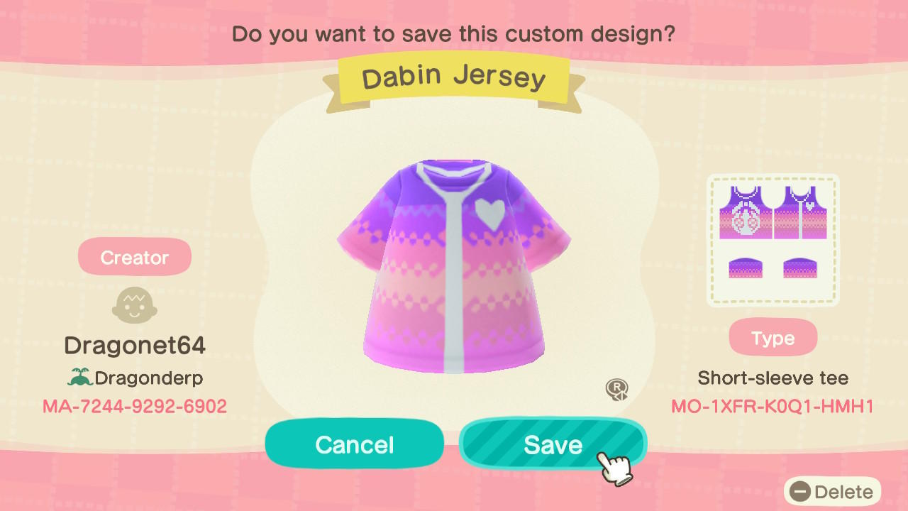 Animal Crossing Design Code: MO-1XFR-K0Q1-HMH1 Dabin Jersey