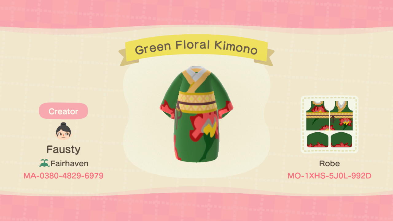 Animal Crossing Design Code: MO-1XHS-5J0L-992D Green Floral Kimono