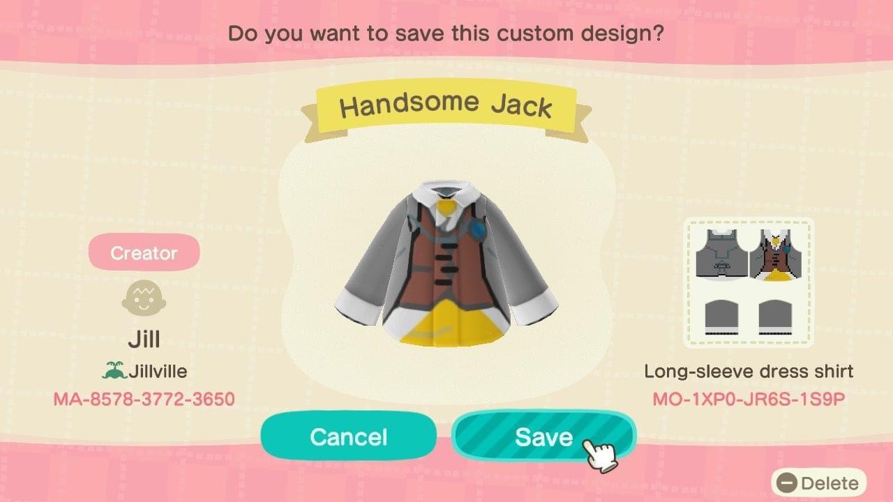Animal Crossing Design Code: MO-1XP0-JR6S-1S9P Handsome Jack