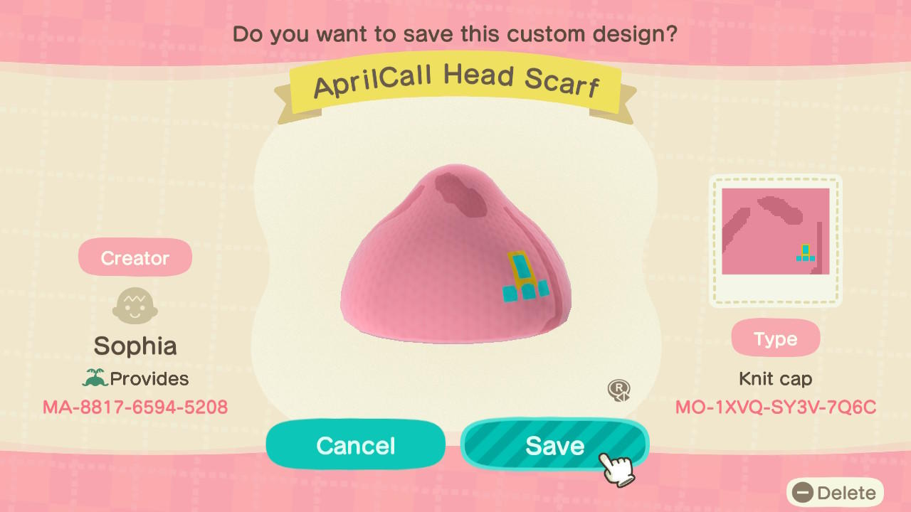 Animal Crossing Design Code: MO-1XVQ-SY3V-7Q6C AprilCall Head Scarf