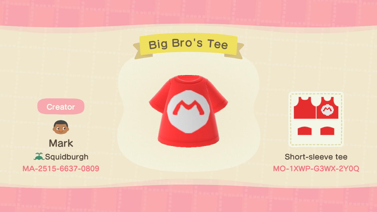 Animal Crossing Design Code: MO-1XWP-G3WX-2Y0Q Big Bro&#39;s Tee