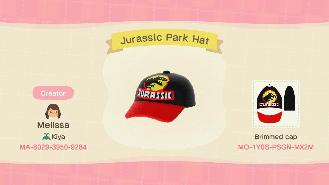 Animal Crossing Design Code: MO-1Y0S-PSGN-MX2M Jurassic Park Hat