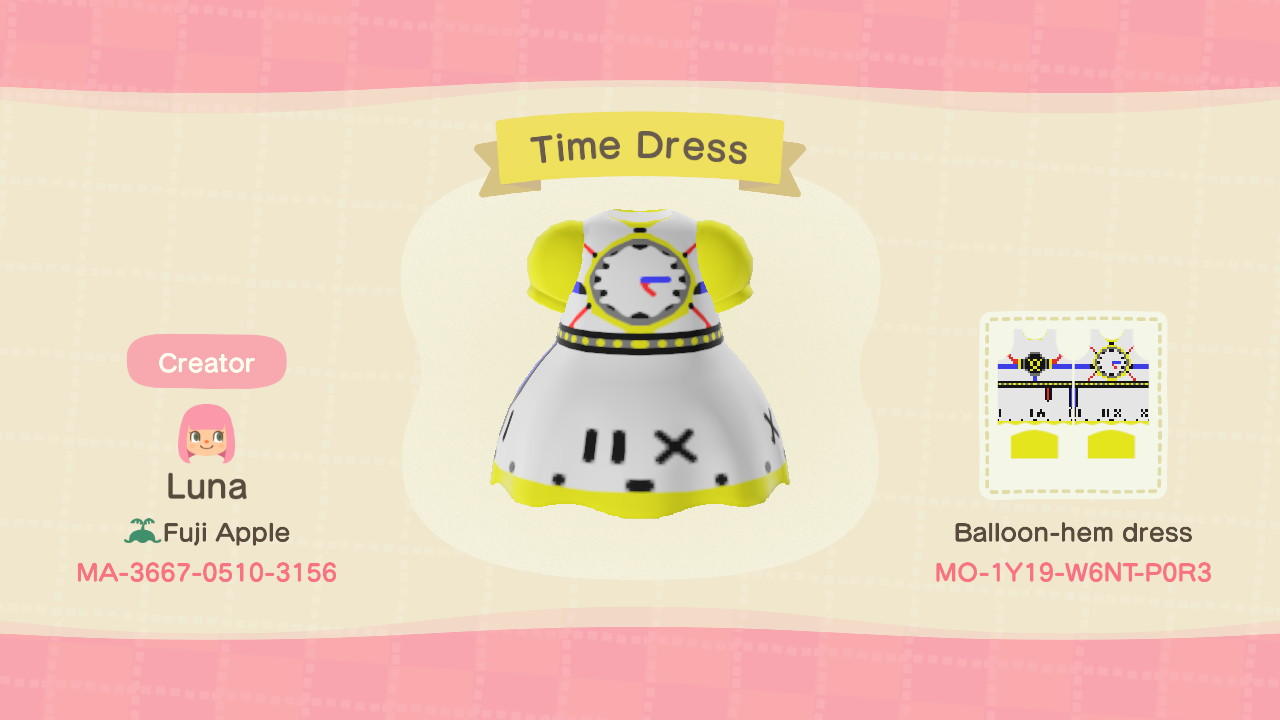 Animal Crossing Design Code: MO-1Y19-W6NT-P0R3 Time Dress