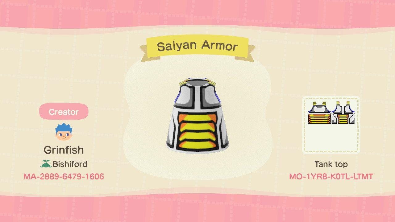 Animal Crossing Design Code: MO-1YR8-K0TL-LTMT Saiyan Armor