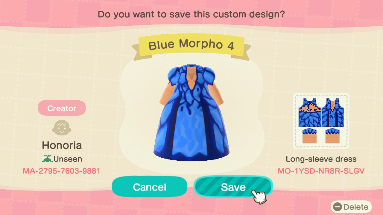 Animal Crossing Design Code: MO-1YSD-NR8R-SLGV Blue Morpho 4