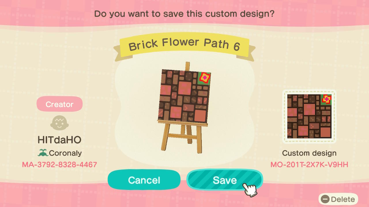 Animal Crossing Design Code: MO-201T-2X7K-V9HH Brick Flower Path 6