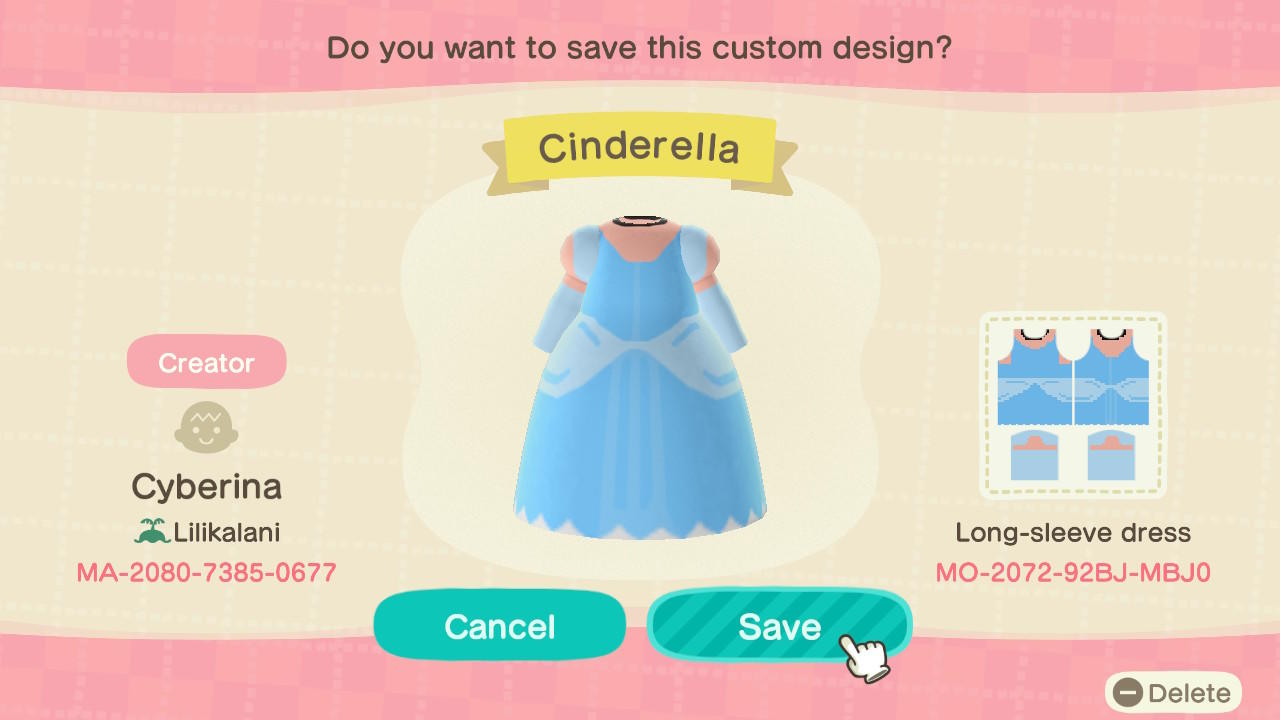 Animal Crossing Design Code: MO-2072-92BJ-MBJ0 Cinderella