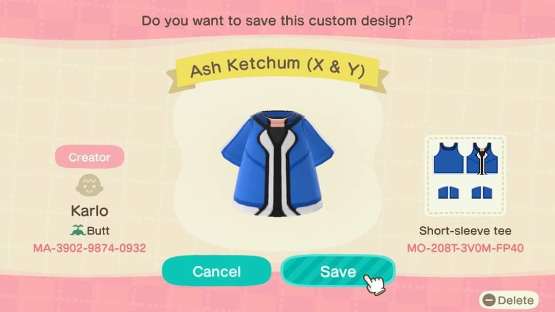 Animal Crossing Design Code: MO-208T-3V0M-FP40 Ash Ketchum (X & Y)