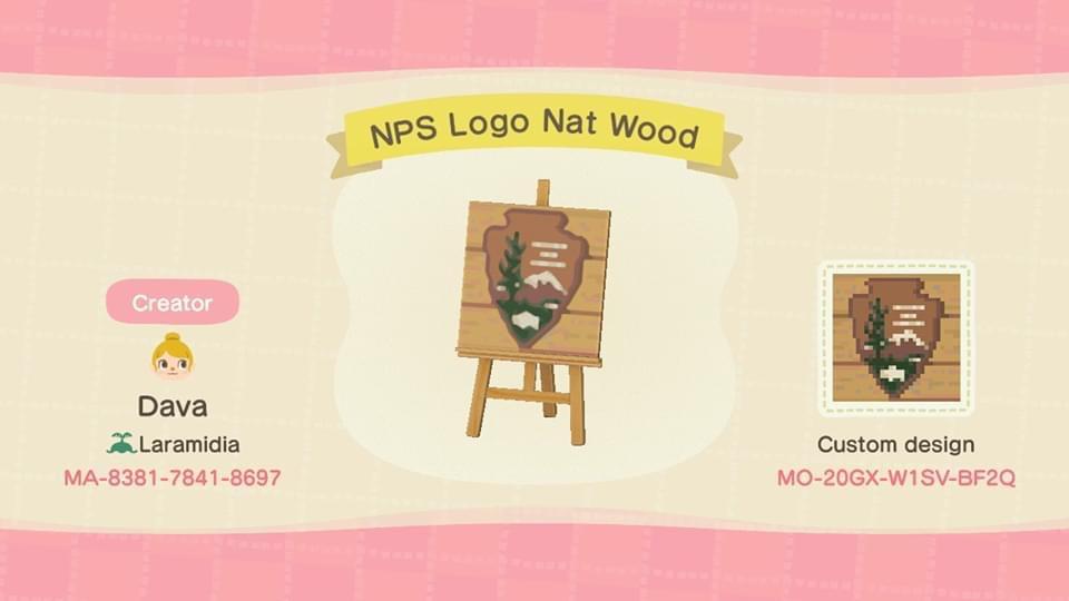Animal Crossing Design Code: MO-20GX-W1SV-BF2Q NPS Logo Nat Wood
