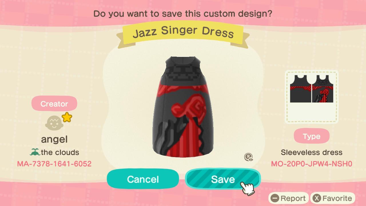 Animal Crossing Design Code: MO-20P0-JPW4-NSH0 Jazz Singer Dress