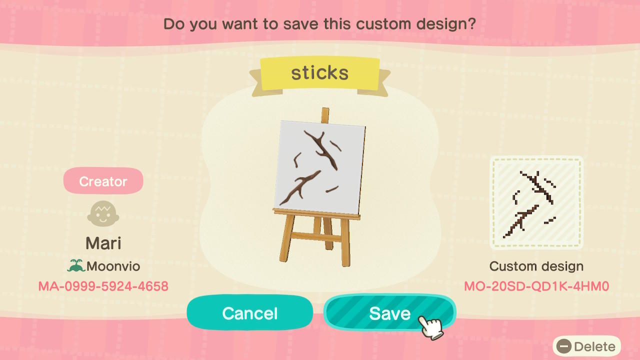 Animal Crossing Design Code: MO-20SD-QD1K-4HM0 sticks