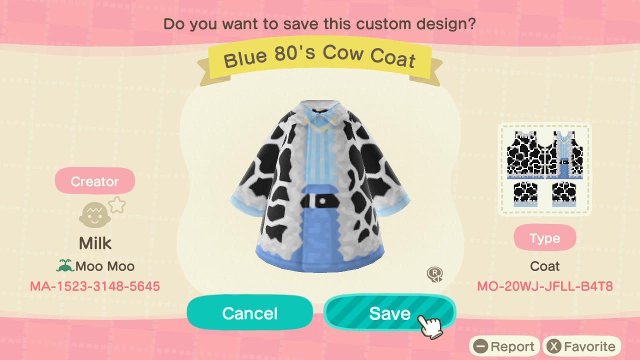 Animal Crossing Design Code: MO-20WJ-JFLL-B4T8 Blue 80s Cow Coat