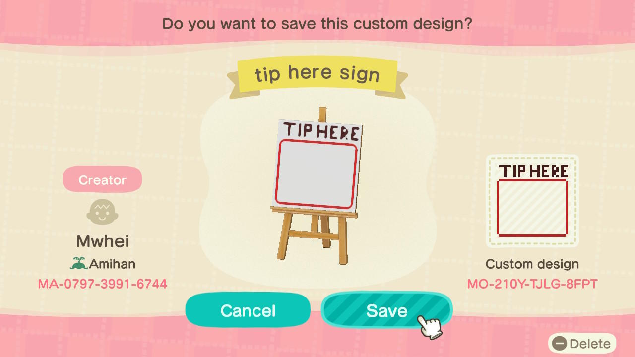 Animal Crossing Design Code: MO-210Y-TJLG-8FPT Tip Here Sign