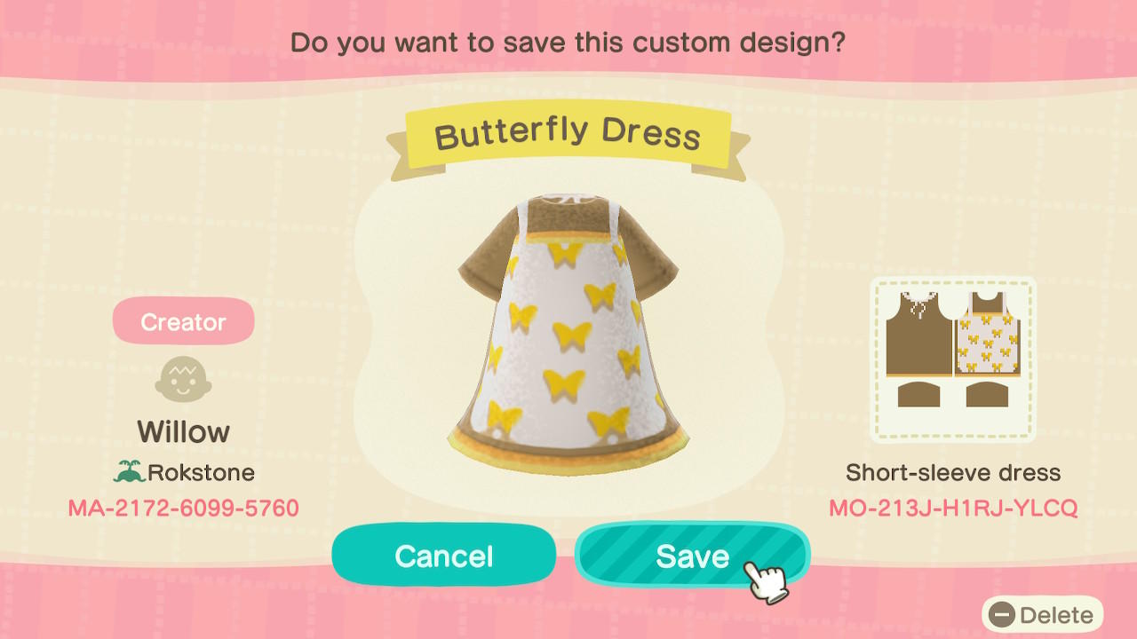 Animal Crossing Design Code: MO-213J-H1RJ-YLCQ Butterfly Dress
