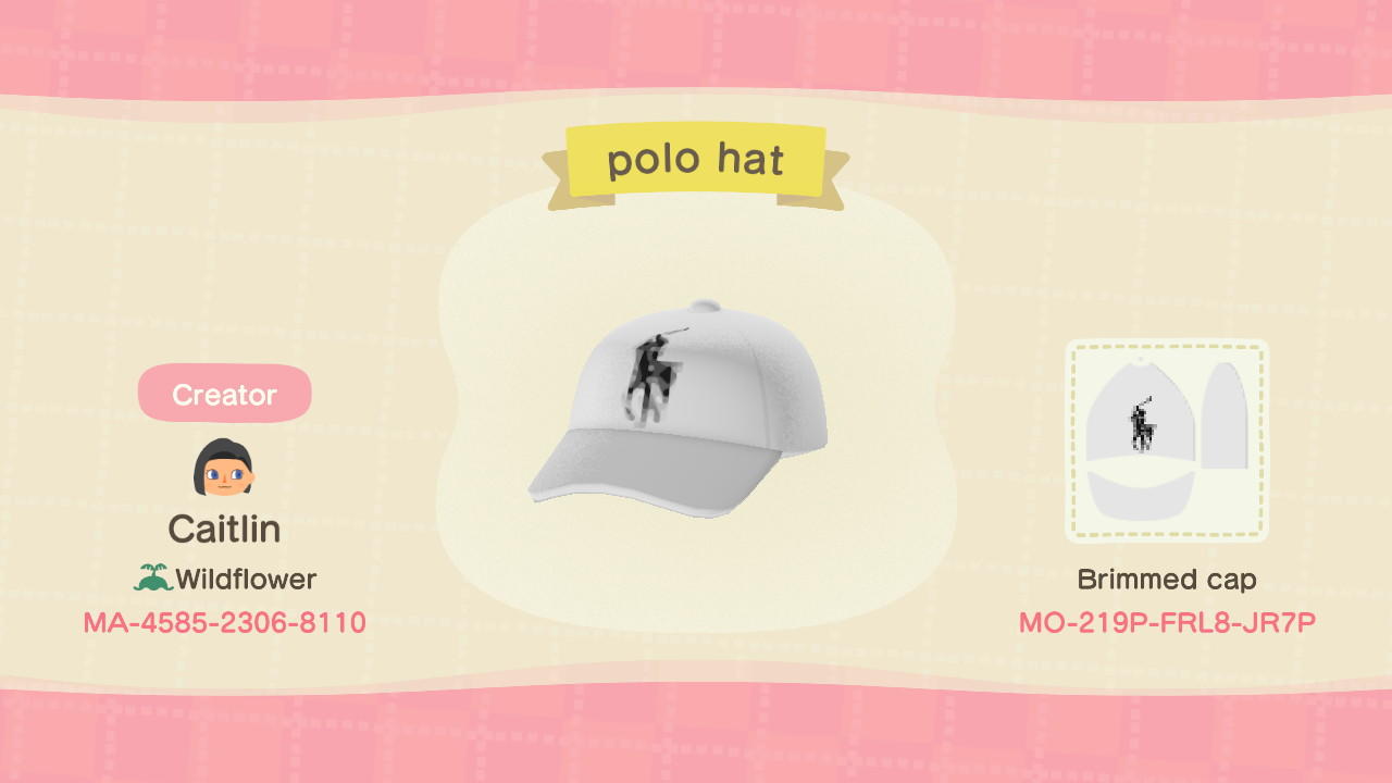 Animal Crossing Design Code: MO-219P-FRL8-JR7P Polo Cap