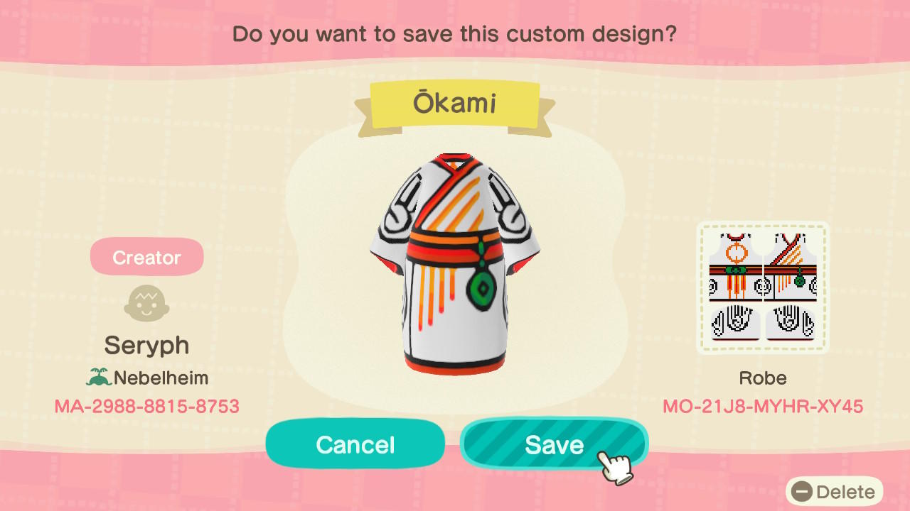 Animal Crossing Design Code: MO-21J8-MYHR-XY45 Okami Ammy Kimono