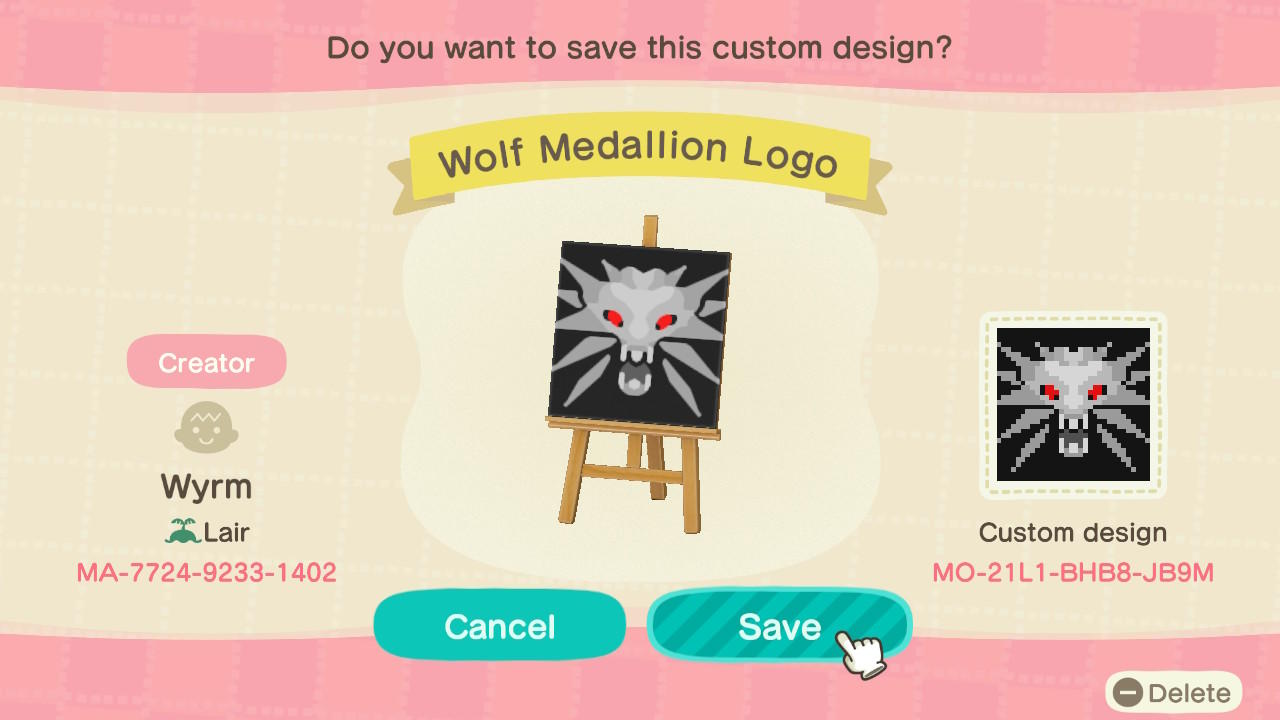 Animal Crossing Design Code: MO-21L1-BHB8-JB9M Witcher Wolf Medal