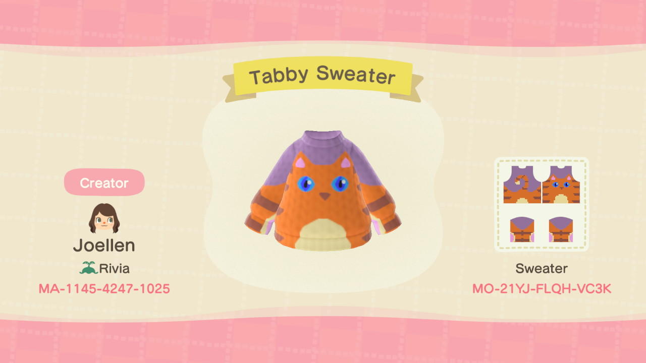 Animal Crossing Design Code: MO-21YJ-FLQH-VC3K Tabby Sweater