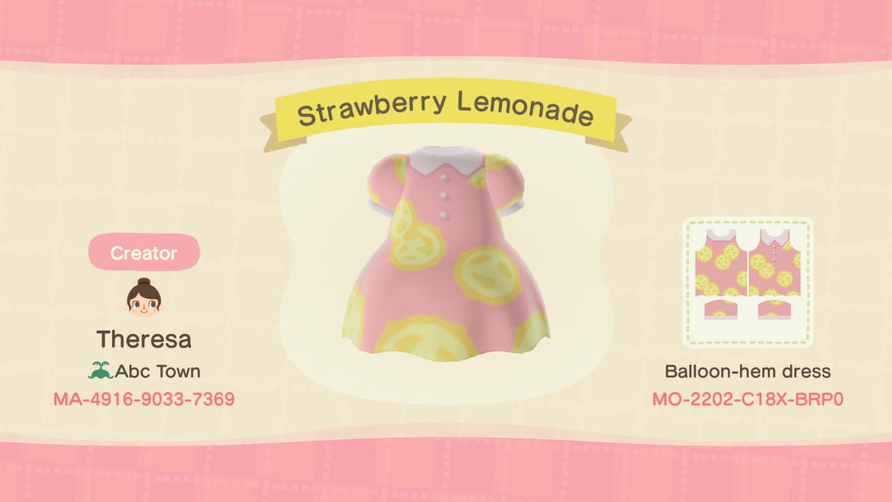 Animal Crossing Design Code: MO-2202-C18X-BRP0 Strawberry Lemonade