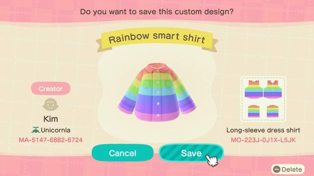 Animal Crossing Design Code: MO-223J-0J1X-L5JK Rainbow Pride Shirt