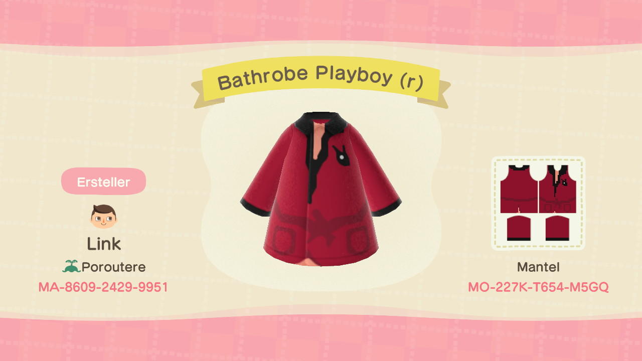 Animal Crossing Design Code: MO-227K-T654-M5GQ Bathrobe Playboy (r)