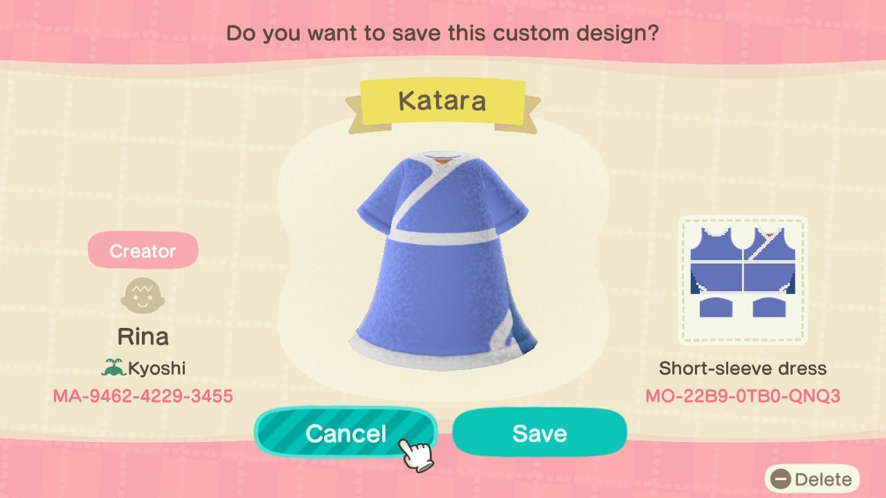 Animal Crossing Design Code: MO-22B9-0TB0-QNQ3 Katara
