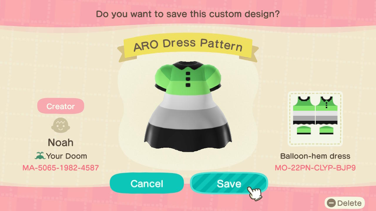 Animal Crossing Design Code: MO-22PN-CLYP-BJP9 Aro Pride Dress