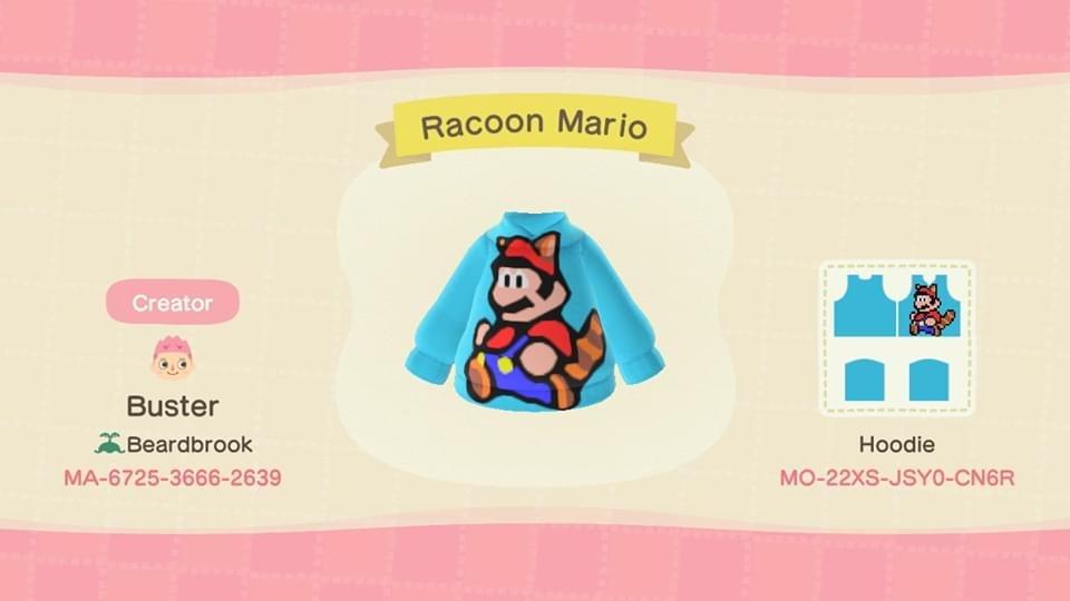 Animal Crossing Design Code: MO-22XS-JSY0-CN6R Raccoon Mario Hoodie