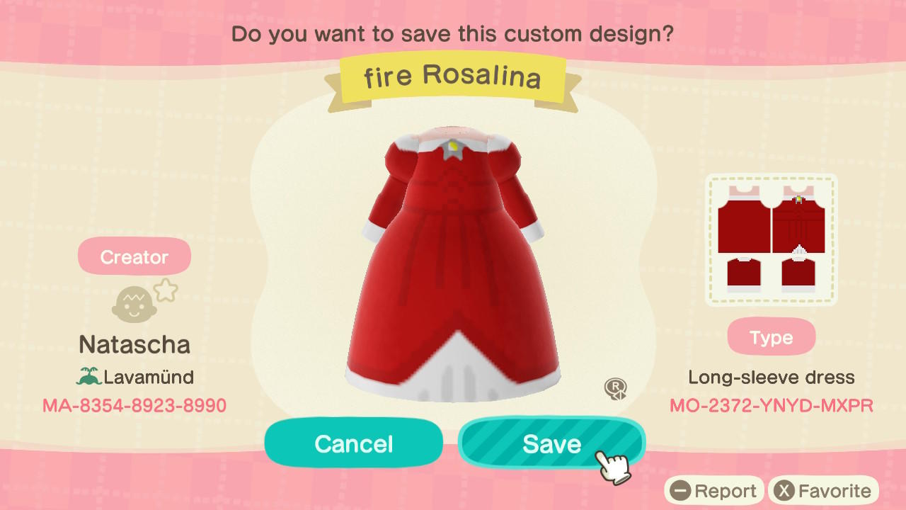 Animal Crossing Design Code: MO-2372-YNYD-MXPR Fire Rosalina