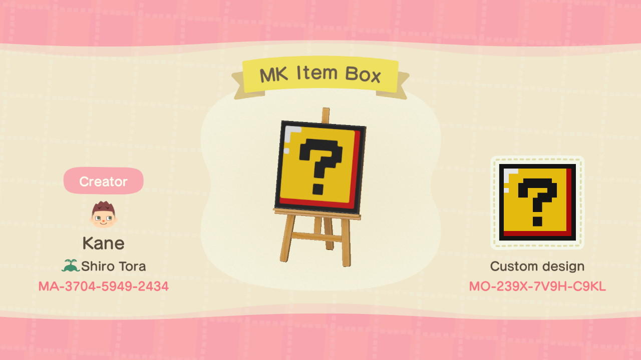 Animal Crossing Design Code: MO-239X-7V9H-C9KL Mario Kart Item Box