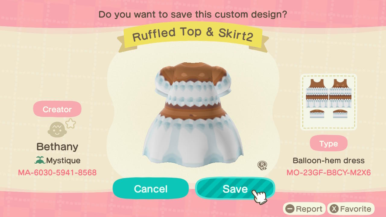 Animal Crossing Design Code: MO-23GF-B8CY-M2X6 Ruffled Top & Skirt2