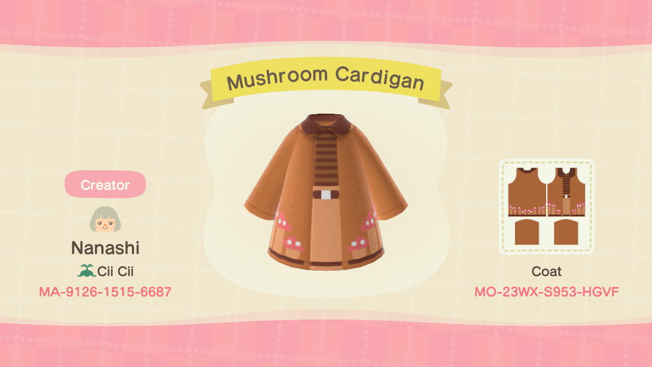 Animal Crossing Design Code: MO-23WX-S953-HGVF Mushroom Cardigan