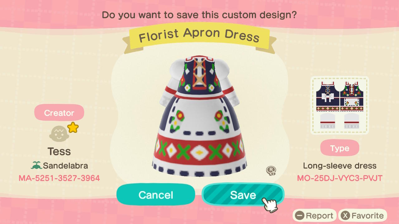 Animal Crossing Design Code: MO-25DJ-VYC3-PVJT Florist Apron Dress