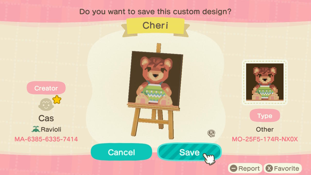 Animal Crossing Design Code: MO-25F5-174R-NX0X Cheri