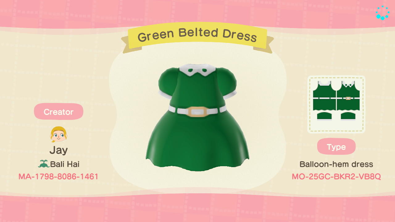 Animal Crossing Design Code: MO-25GC-BKR2-VB8Q Green Belted Dress