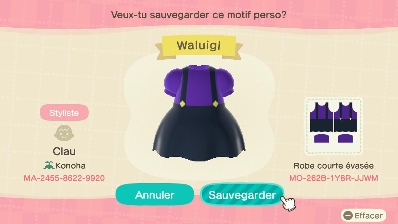 Animal Crossing Design Code: MO-262B-1Y8R-JJWM Waluigi Dress