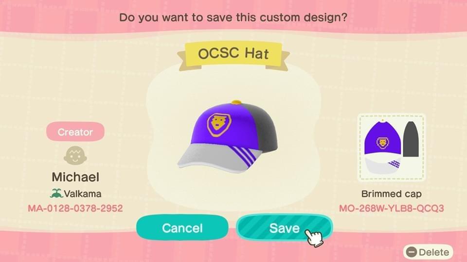 Animal Crossing Design Code: MO-268W-YLB8-QCQ3 OCSC Hat