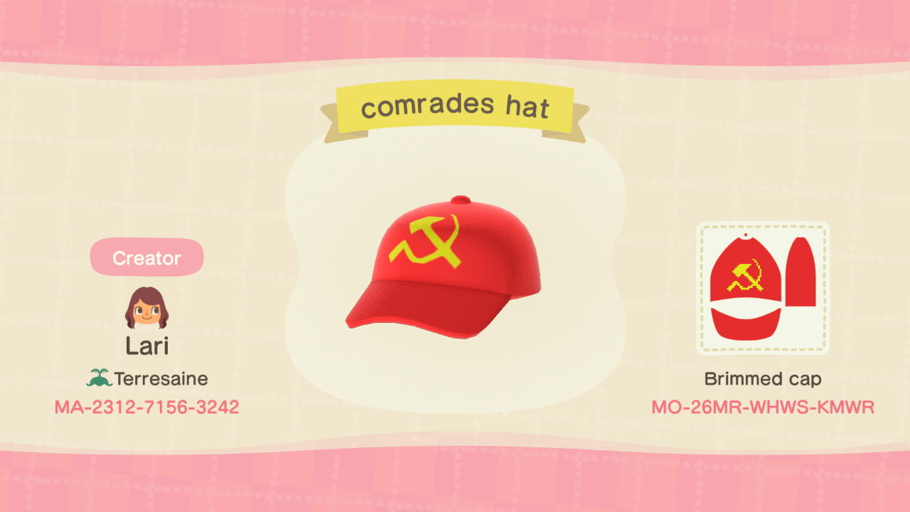 Animal Crossing Design Code: MO-26MR-WHWS-MKWR Communist cap