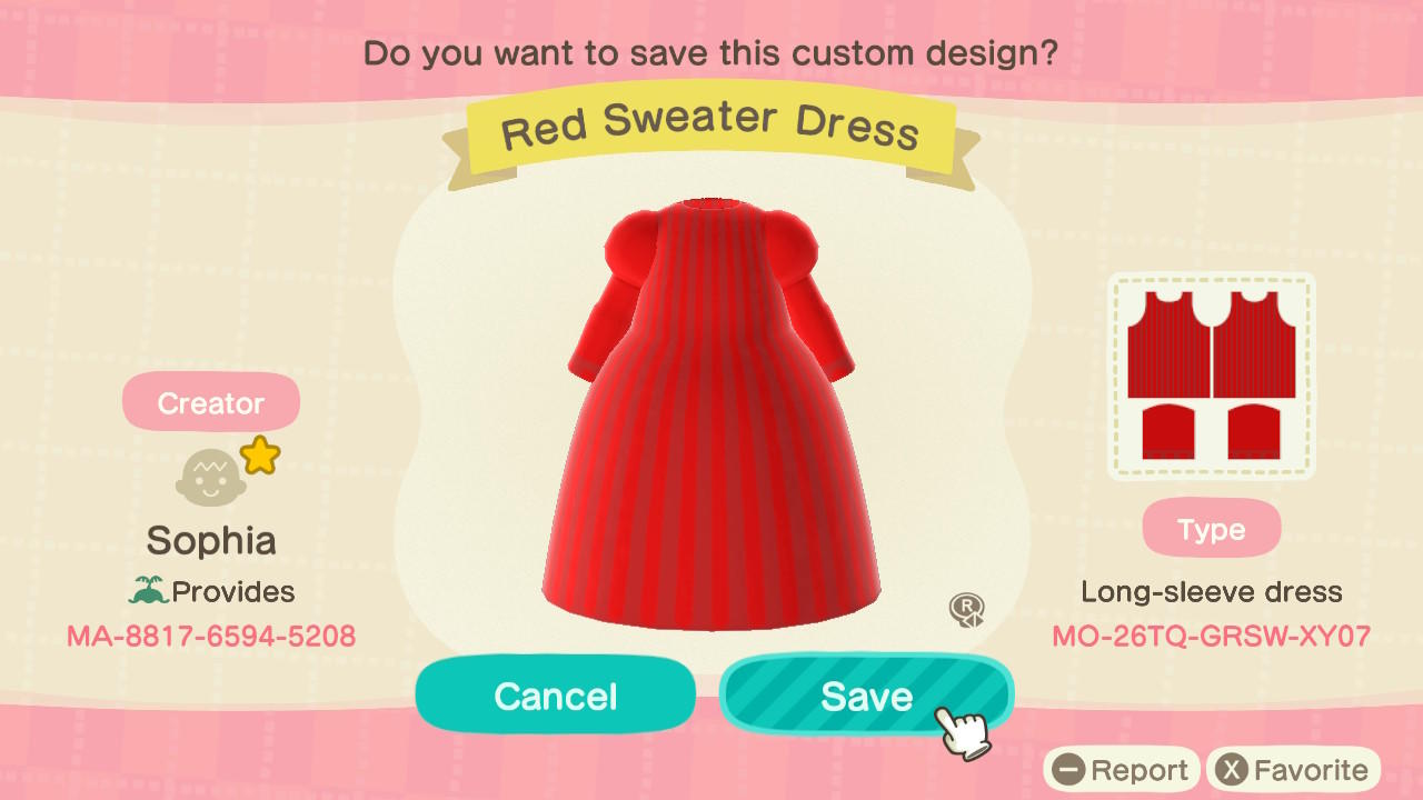 Animal Crossing Design Code: MO-26TQ-GRSW-XY07 Red Sweater Dress