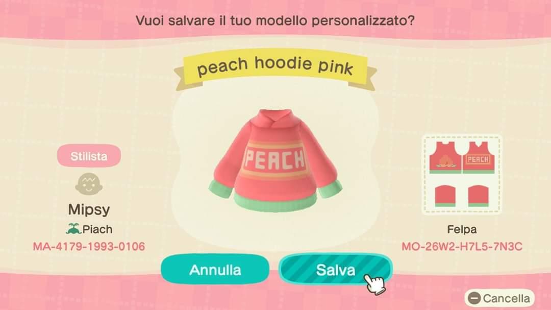 Animal Crossing Design Code: MO-26W2-H7L5-7N3C Peach pink hoodie
