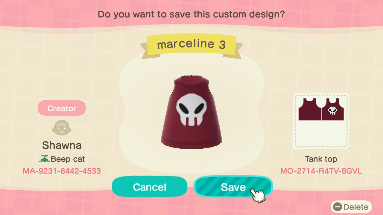 Animal Crossing Design Code: MO-2714-R4TV-8GVL Marceline 3