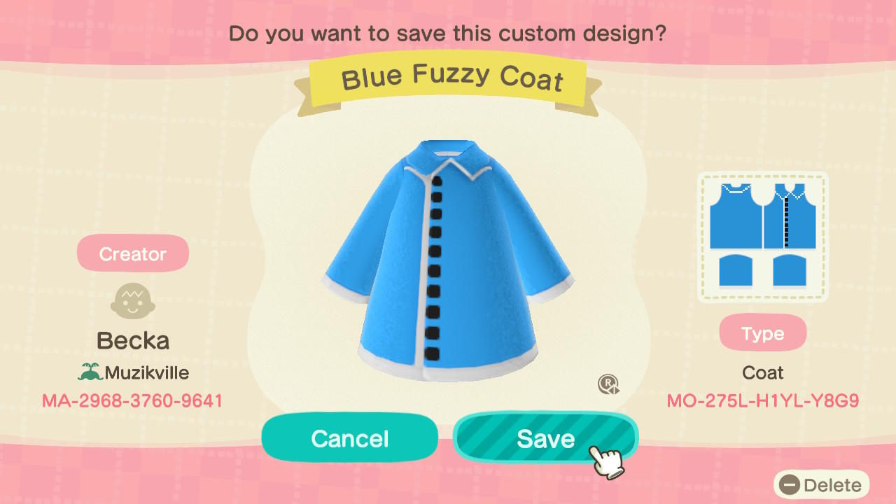 Animal Crossing Design Code: MO-275L-H1YL-Y8G9 Blue Fuzzy Coat