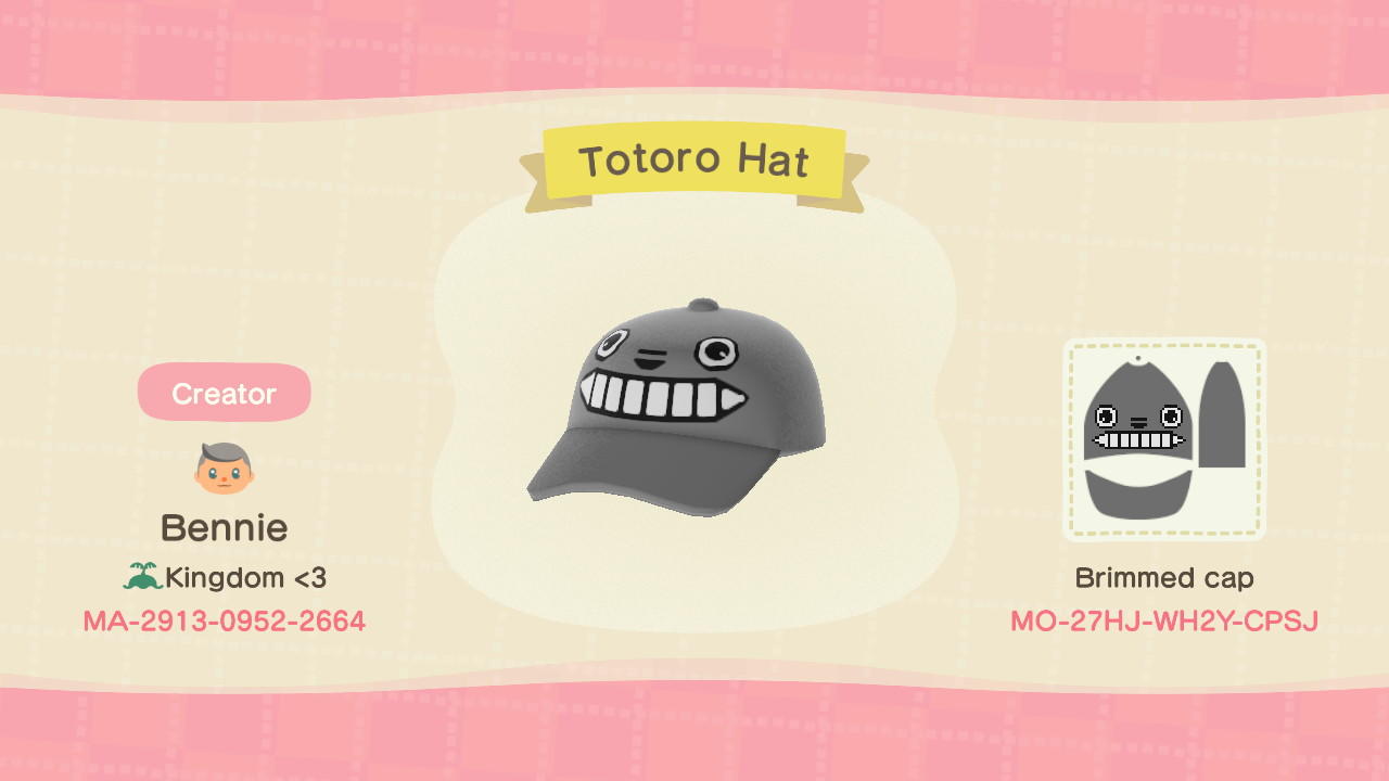 Animal Crossing Design Code: MO-27HJ-WH2Y-CPSJ Totoro Hat