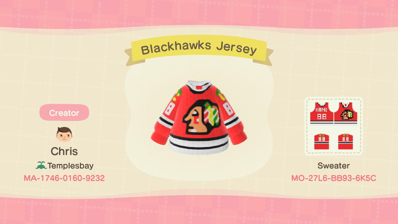 Animal Crossing Design Code: MO-27L6-BB93-6K5C Blackhawks Jersey