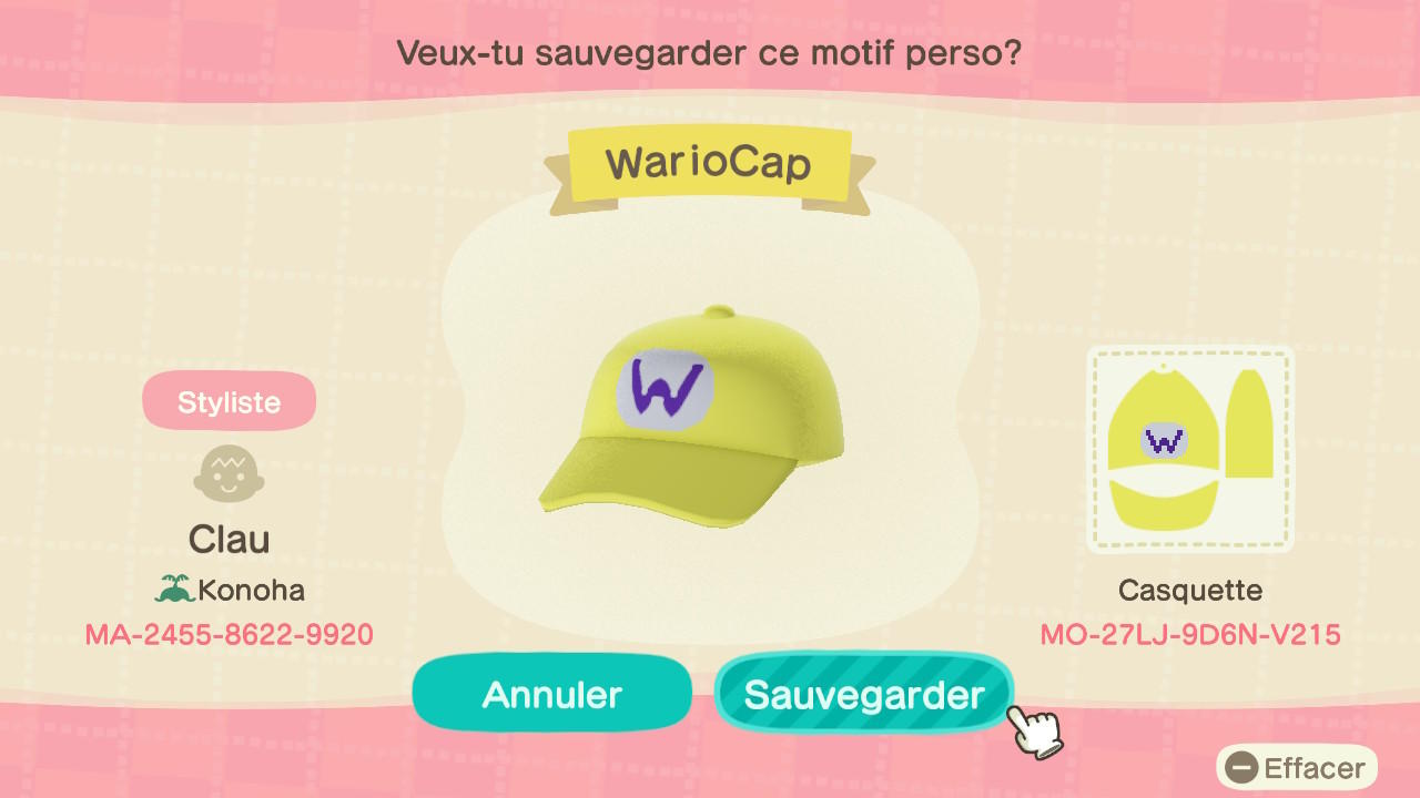 Animal Crossing Design Code: MO-27LJ-9D6N-V215 Wario Cap